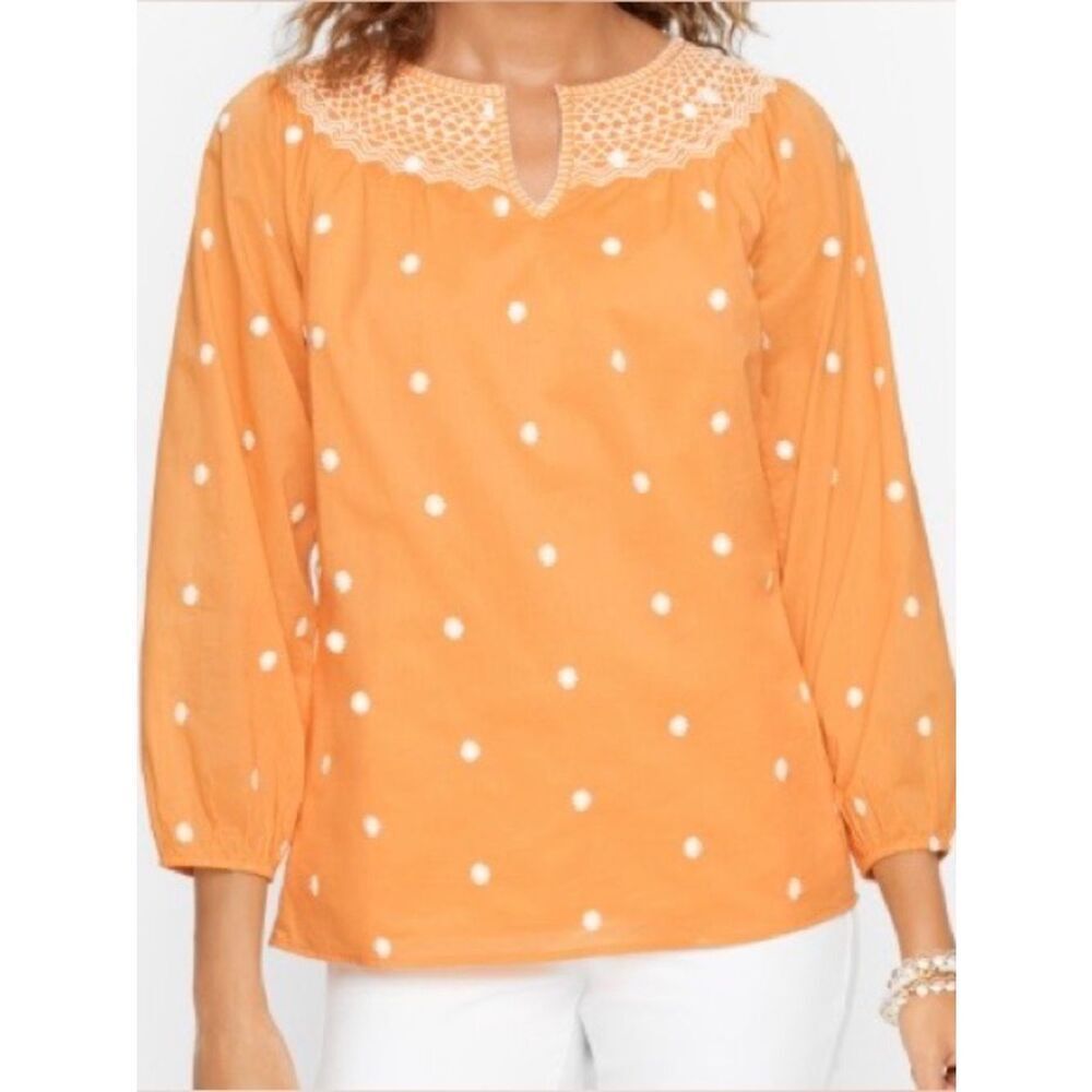 Talbots Sunrise Dot Embroidered Blouse in Orange/White Womens 1X